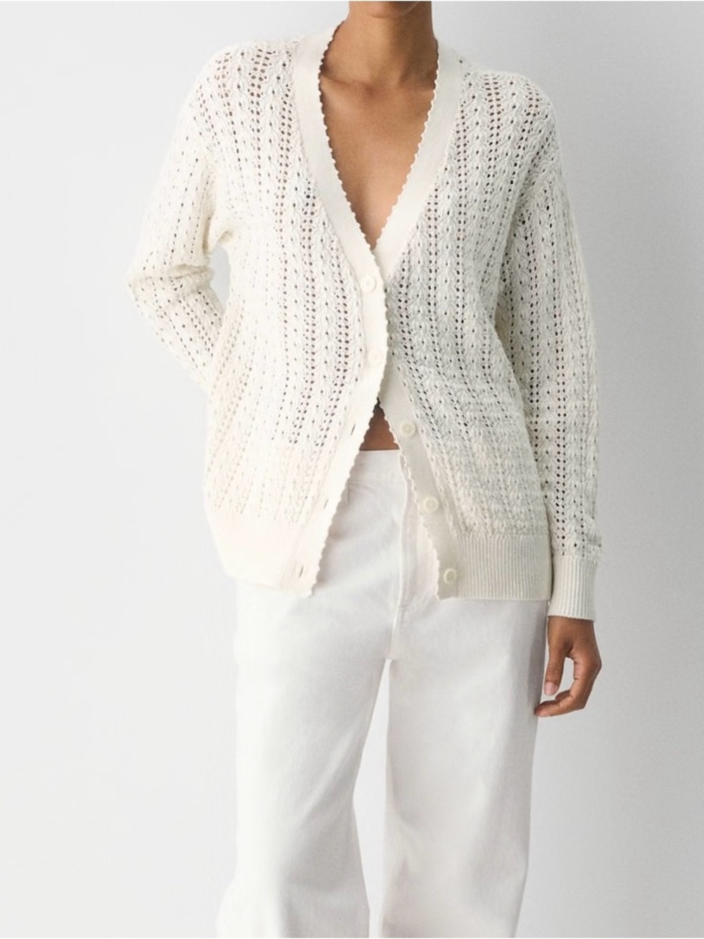 Aritzia Cream Open-Knit V-Neck Button Cardigan - Picture 1 of 4
